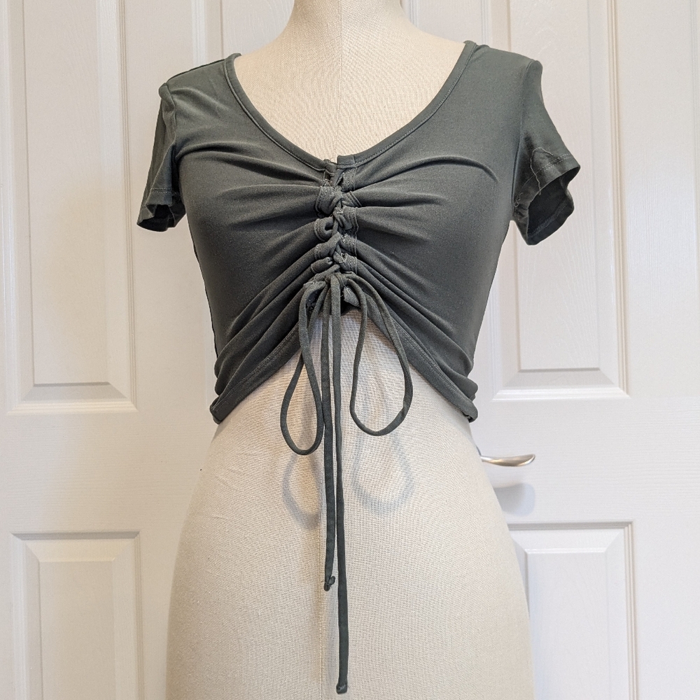 Women's Green Drawstring Crop Top Shirtsleeve S (3-5)